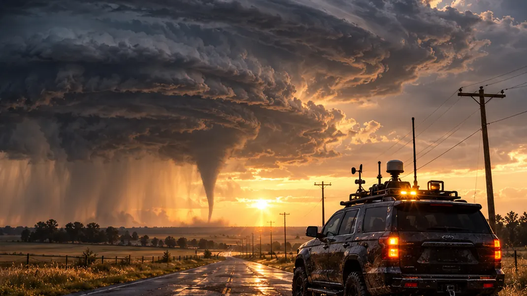 A storm-chasing SUV parked on a wet prairie road beneath a supercell and tornado at sunset